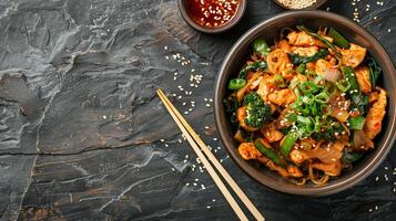 chicken and vegetables in a bowl with chopsticks on a dark background photo