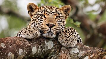 a leopard resting on a tree branch photo