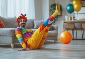 A funny man in colorful and a clown hat on the living room floor. photo