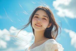 Beautiful woman smiling hair blowing in the wind blue sky background. photo