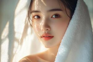 A beautiful woman with delicate skin a white towel wrapped around her shoulders. photo