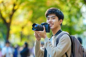 A handsome Asian male college student is holding camera and taking photos in the park.