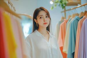 Beautiful woman is trying on in her home dressing room. photo
