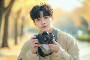A handsome Asian male college student is holding camera and taking photos in the park.