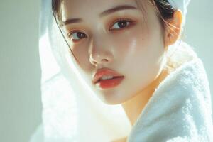 A beautiful woman with delicate skin a white towel wrapped around her shoulders. photo