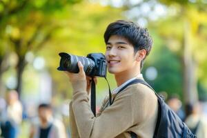 A handsome Asian male college student is holding camera and taking photos in the park.