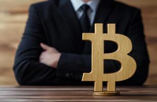 Wooden sign bitcoin on a table in front of a businessman isolated over a white background. photo