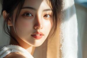 A beautiful woman with delicate skin a white towel wrapped around her shoulders. photo