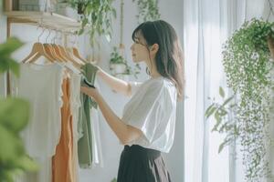 Beautiful woman is trying on in her home dressing room. photo