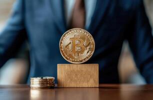 Wooden sign bitcoin on a table in front of a businessman isolated over a white background. photo