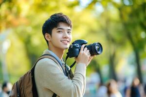 A handsome Asian male college student is holding camera and taking photos in the park.