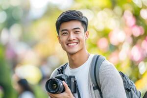 A handsome Asian male college student is holding camera and taking photos in the park.