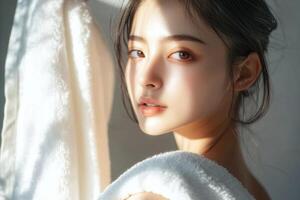 A beautiful woman with delicate skin a white towel wrapped around her shoulders. photo