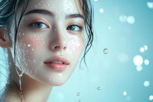 Beautiful woman with wet hair surrounded in the style of bubbles and water droplets floating in the air. photo