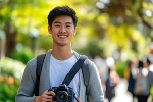 A handsome Asian male college student is holding camera and taking photos in the park.