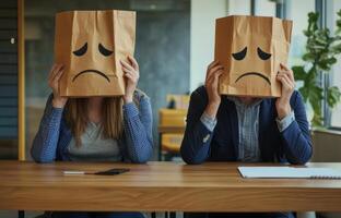 Two people with paper bags on their heads sit at a table in an office and draw sad faces. photo