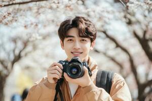 A handsome Asian male college student is holding camera and taking photos in the park.