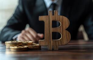 Wooden sign bitcoin on a table in front of a businessman isolated over a white background. photo
