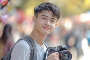 A handsome Asian male college student is holding camera and taking photos in the park.