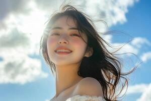Beautiful woman smiling hair blowing in the wind blue sky background. photo