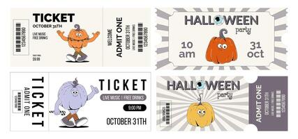 Groovy retro Happy Halloween character pumpkin. Set of horizontal ticket template entrance pass design or invitation for Halloween party, admit one. Horror and fear illustration in trendy vector