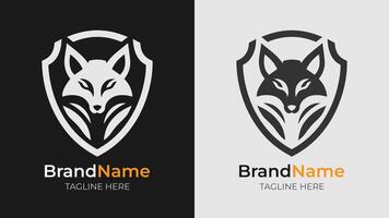 This logo combines an angry fox head with a shield in a black and white design vector