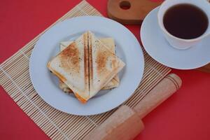 Toasted bread on a white plate isolated on a red background. photo