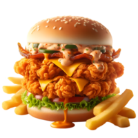 Double large chicken zinger burger with fries and cheese isolated from background png