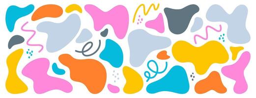 Set of liquid organic blob shape, irregular abstract blotch. Colorful simple freeform, asymmetric blot form graphic element. Random deformed figures, wavy uneven spots, fluid amoeba splodges and lines vector