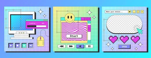 Social media square poster template with retro desktop computer interface with buttons, message boxes, pixel hearts and fun smile icon. Old pc screen with browser windows, geek stickers in y2k style. vector