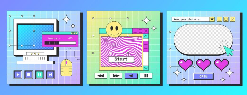 Social media square poster template with retro desktop computer interface with buttons, message boxes, pixel hearts and fun smile icon. Old pc screen with browser windows, geek stickers in y2k style.