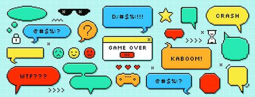 Set of color pixel dialogue boxes different shape. Chat speech bubbles, message frames, dialogue balloons with swear words in 8bit retro style. Pixelated game over, kaboom text, smile or heart sticker vector