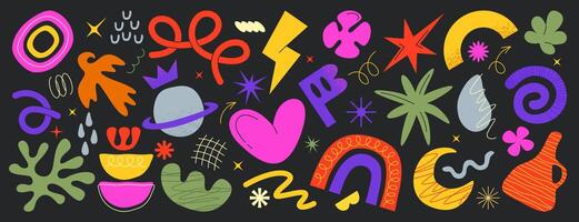 set of abstract freeform shapes, geometric forms, squiggles or doodle design elements. Collection of hand drawn trendy simple figures, colored natural organic objects, curls on black background vector