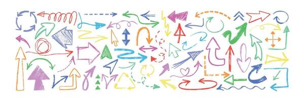Hand drawn charcoal pencil arrows different shapes. Set of colorful doodle direction pointers, curved strokes, color chalk dashed lines, circular and wave design elements. Grunge crayon scribbles. vector