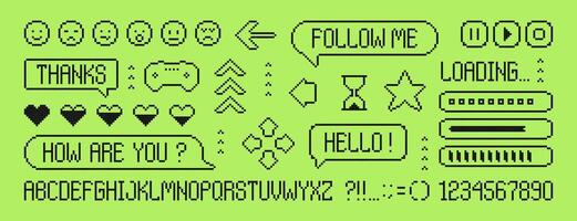 Set of pixel dialogue boxes, font alphabet, letters and numbers. Black chat speech bubbles, button, message frames, battery charge level in 8bit retro style. Pixelated arrows, smiles, game asset icons vector