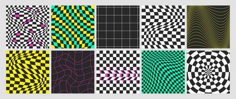 Square psychedelic checkerboard colorful background with warped grid tile, spiral or swirl. Checkered seamless geometric pattern in groovy y2k style. Distorted chessboard covers with distortion effect vector