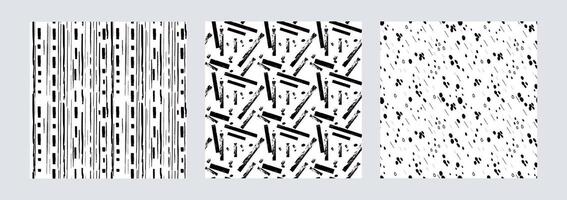 seamless pattern set with small dashed, stripes and vertical lines. Hand drawn repeat black elements, crayon geometric doodle elements. Random strokes, minimal droplets or scattered sprinkles. vector