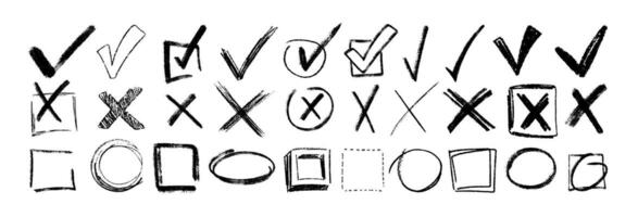 Hand drawn check mark set. Black charcoal pencil check boxes, checklist icons. Crayon sketch checkmark elements. vote checkbox, correct or wrong sign. Doodle circle frames with crosses and tick vector