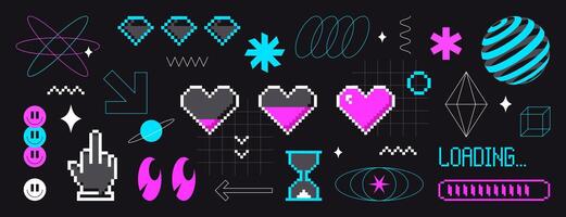 Set of pixel art arrows, smiles, eyes, love hearts, abstract geometric figures in 8bit retro style. Pixelated y2k trendy stickers, simple shapes, rave futuristic cyberpunk elements on black background vector