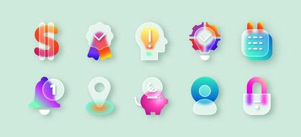 UI icons with matte glassmorphism effect. Transparent frosted glass morphism money sign, pin, human head, security lock, calendar, person user or business solution blur gradient buttons for mobile app vector