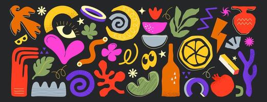 Collection of abstract organic freeform shapes. Set of geometric shapes, leaves or nature doodle objects. Hand drawn trendy simple forms, color summer matisse design elements. Freehand childish icons. vector