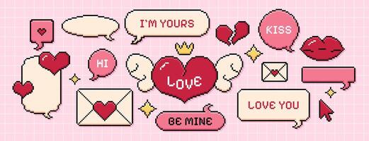 Set of pixel speech bubbles, heart with wings, red lips, dialogue boxes different shapes. Chat message frames and cute love sticker in 8bit retro style. Pixelated email envelope, valentine's day icons vector