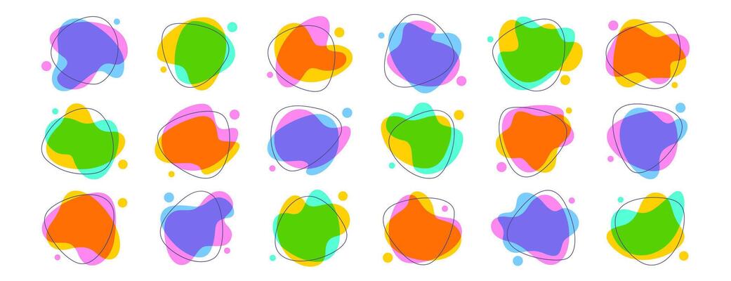 Liquid organic blob shape with irregular forms set in vibrant colors. Colorful simple freeform, asymmetric abstract figures with lines. Random deformed spots. Fluid round amoeba splodges, uneven blots