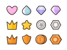 Icons set with heart, star, protective shield, drop, crystals, crown, coins. Colorful symbols design or elements for game vector