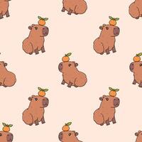 Seamless pattern of cute capybaras with citrus fruits. Funny cartoon rodent characters and tangerine. Animal print vector