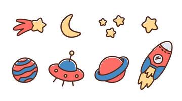 Space set of rocket, stars, planets, ufo, comet, moon. Colorful icons design or elements. Illustration isolated on white background vector