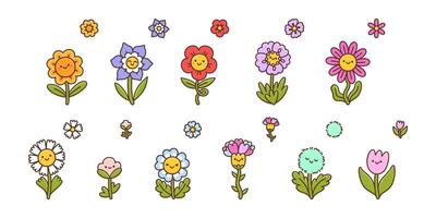 Set with different cartoon flowers with happy emotions. Blooming plants with happy smiling face vector