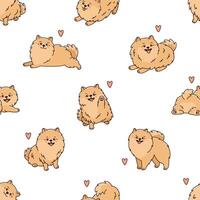 Seamless pattern with cute and funny Pomeranian Spitz dogs. Background with small purebred puppys in funny poses. Amusing fluffy pets and hearts. Animals smiling vector