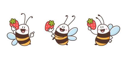 Set of happy bees with ripe fruit strawberry. Funny smiling honeybee cartoon characters. Bumblebee or wasp. Colored illustration. Design for logo or promotional flyers of strawberry farm vector