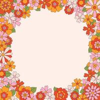 70s 60s retro groovy wreath of hippie daisy flowers. Floral square frame isolated on background. Hand-drawn illustration in vintage boho style vector